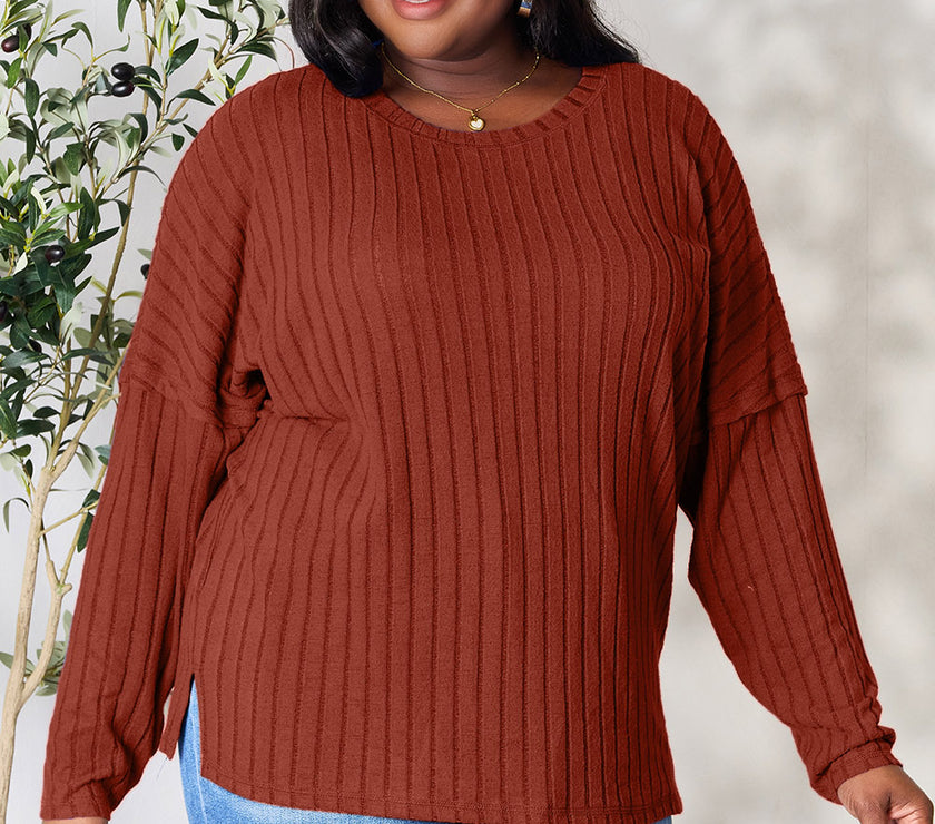 Basic Bae Full Size Ribbed Round Neck Slit Knit Top