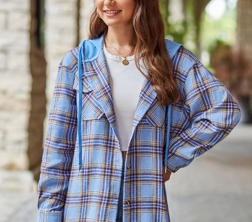 Mandy Plaid Long Sleeve Hooded Jacket