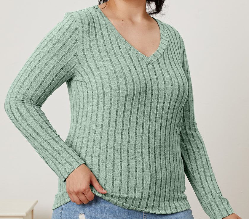Basic Bae Full Size Ribbed V-Neck Long Sleeve T-Shirt