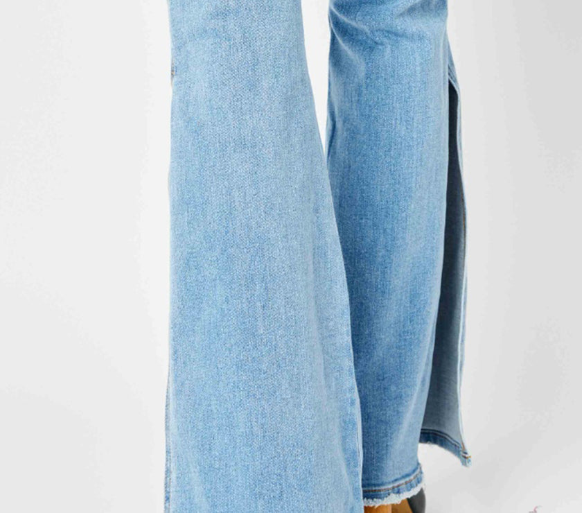 Judy Blue Full Size Mid Rise Raw Hem Slit Flare Jeans