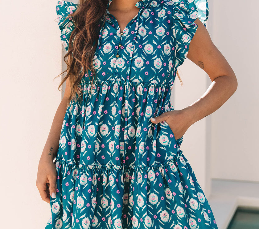 Blue Retro Floral Print Split Neck Ruffle Short Sleeve Dress