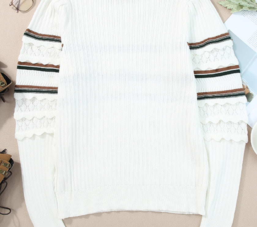 Striped Hollow Out Round Neck Long Sleeve Sweater