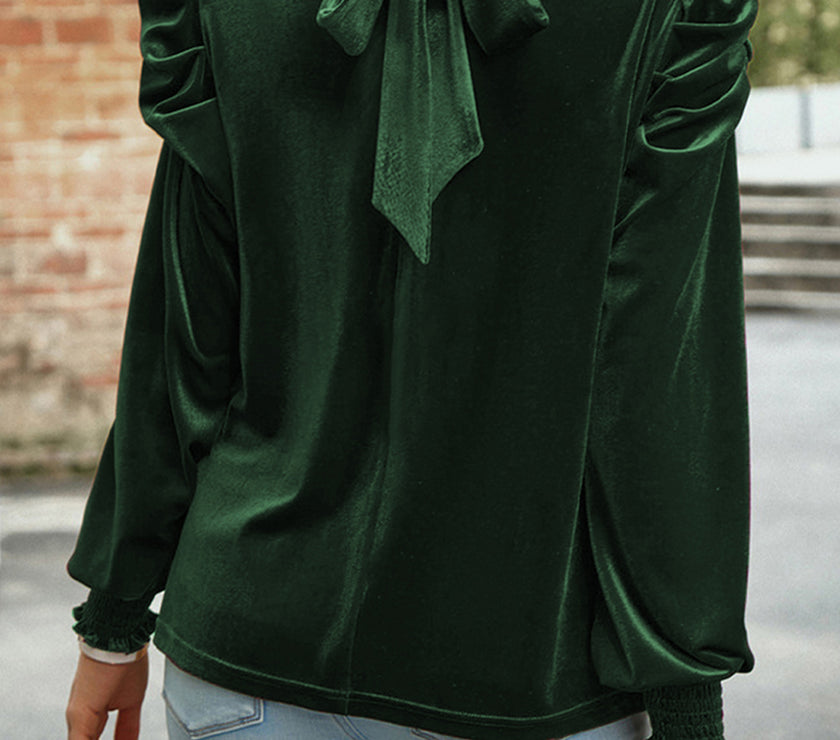 Tie Up Mock Neck Velvet Fabric Long Sleeve Blouse