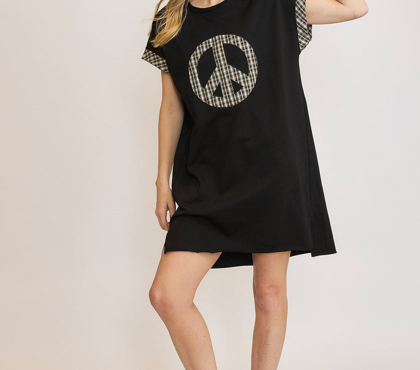 Umgee Peace Plaid Applique Short Sleeve Mini Dress