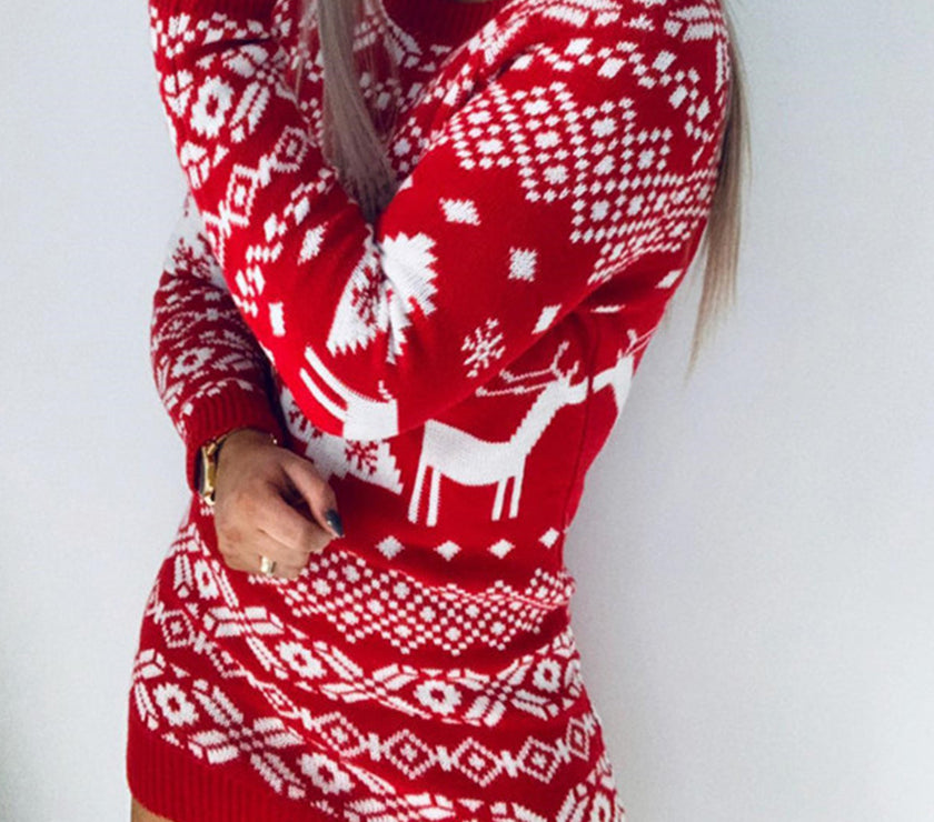 Christmas Element Round Neck Mini Sweater Dress