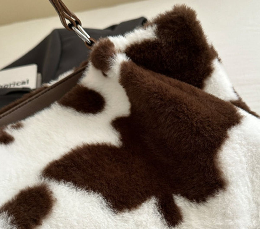Cow Print Furry Tote Bag
