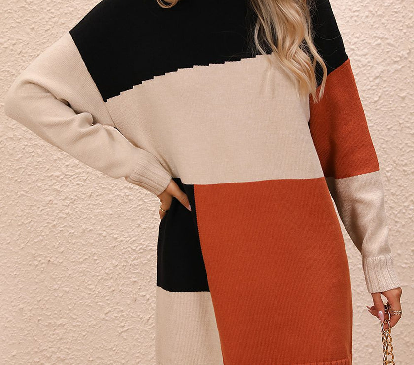 Color Block Mock Neck Dropped Shoulder Sweater Dress