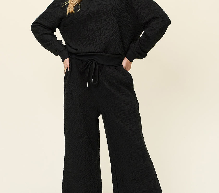 Double Take Full Size Texture Long Sleeve Top and Pants Set