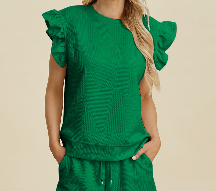 Double Take Full Size Texture Round Neck Ruffle Sleeve Top and Shorts Set