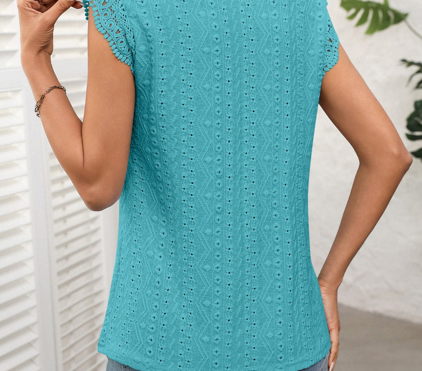 Lace Detail Round Neck Cap Sleeve Top