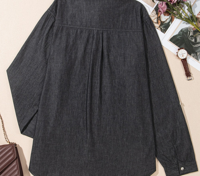 Pocketed Collared Neck Long Sleeve Denim Top
