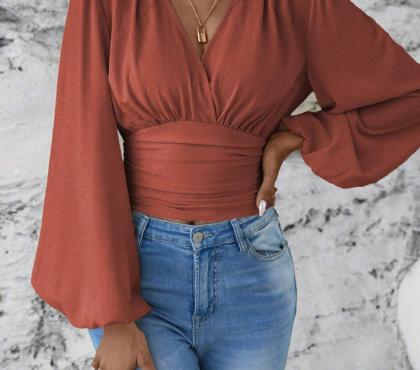 Smocked Surplice Balloon Sleeve Top