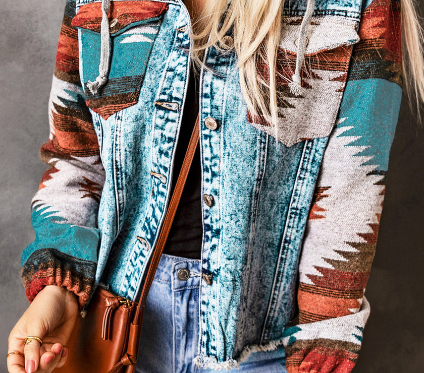 Multicolor Aztec Print Frayed Hem Denim Jacket
