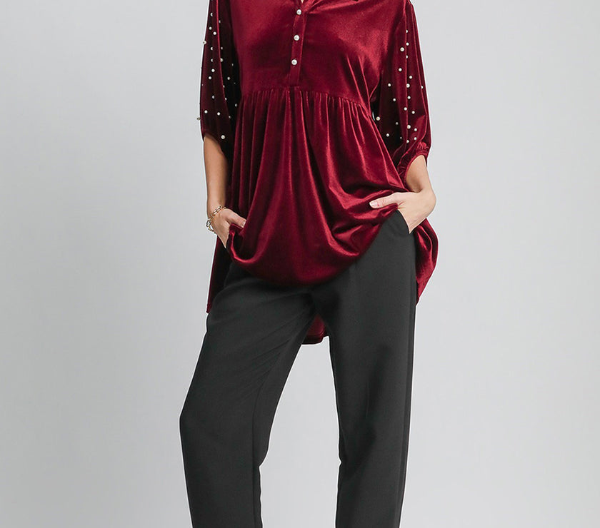 Umgee Pearl Detail Collared Neck Velvet Babydoll Blouse