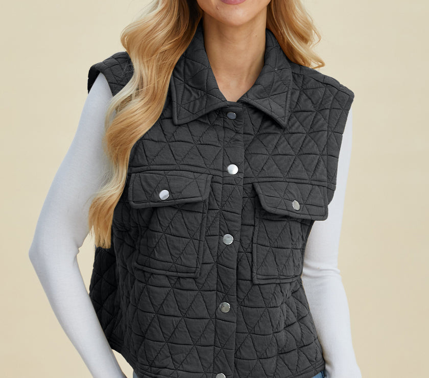Double Take Full Size Pocketed Texture Snap Down Vest Coat