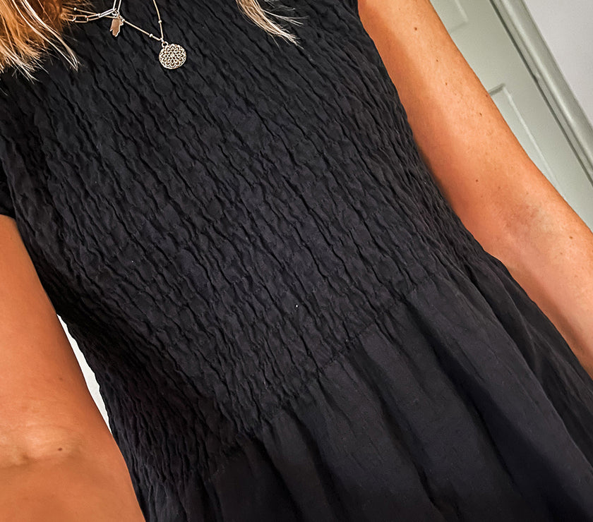 Black Ruffle Short Sleeve Shirred Peplum Top