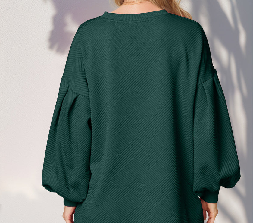 Double Take Drop Shoulder Lantern Sleeve Texture Mini Dress with Pockets