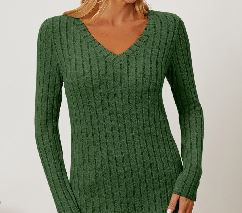 Basic Bae Full Size Ribbed V-Neck Long Sleeve T-Shirt