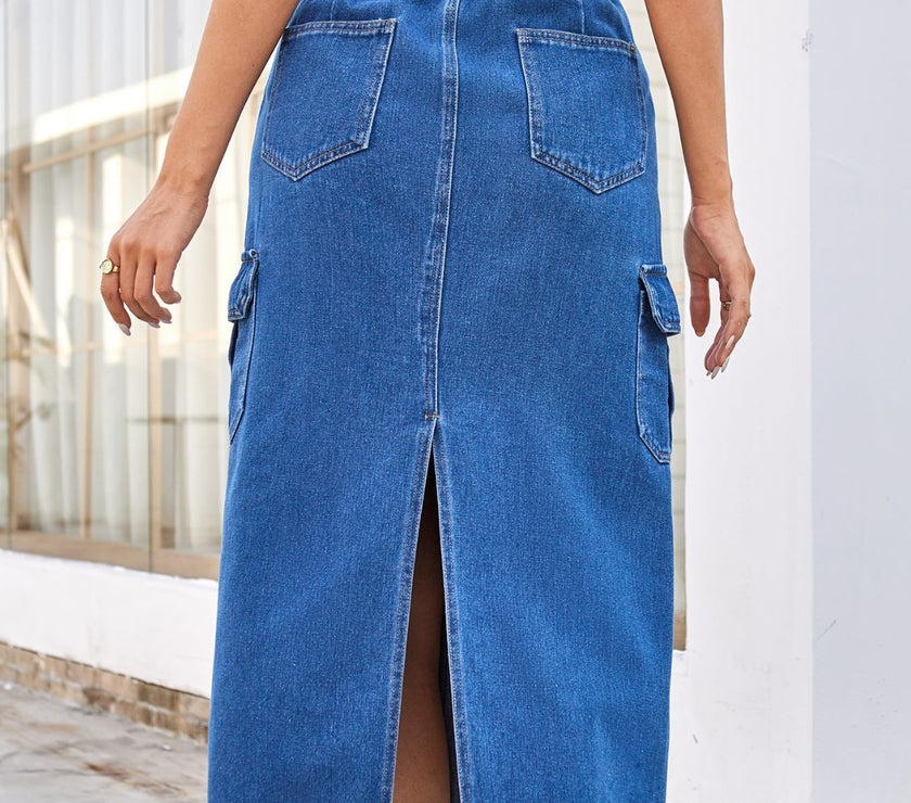 Slit Midi Denim Skirt with Pockets