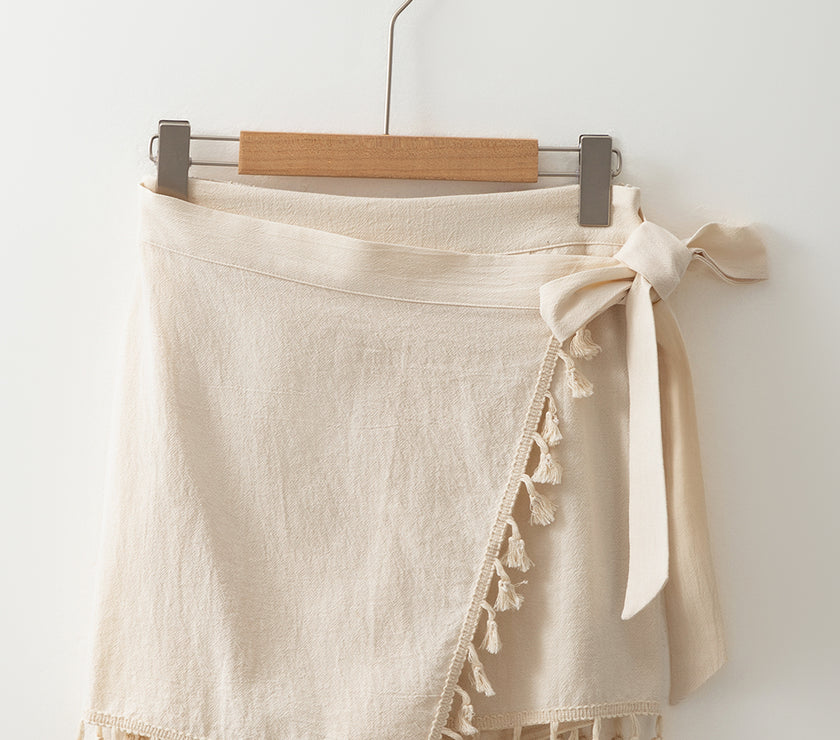 Apricot Tassel Trim Wrap Knot Side Bohemian Style Mini Skort