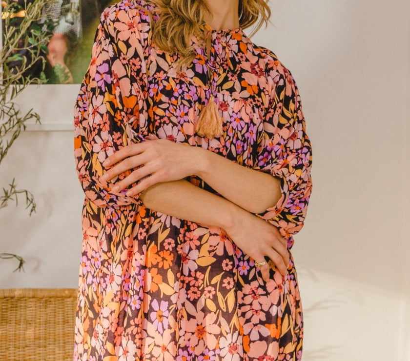 ODDI Full Size Floral Tied Neck Mini Dress