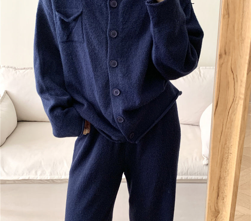Pocketed Round Neck Button Up Cardigan and Pants Sweater Set