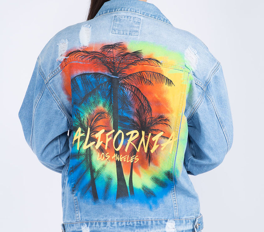 American Bazi Full Size Painted Back Distressed Denim Jacket