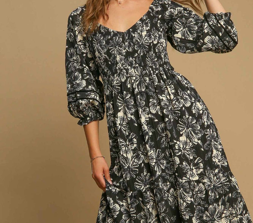 Umgee Ruffle Hem Flower Printed V-Neck Dress