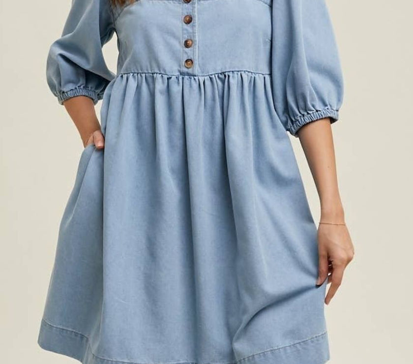 Square Neck Half Sleeve Denim Dress