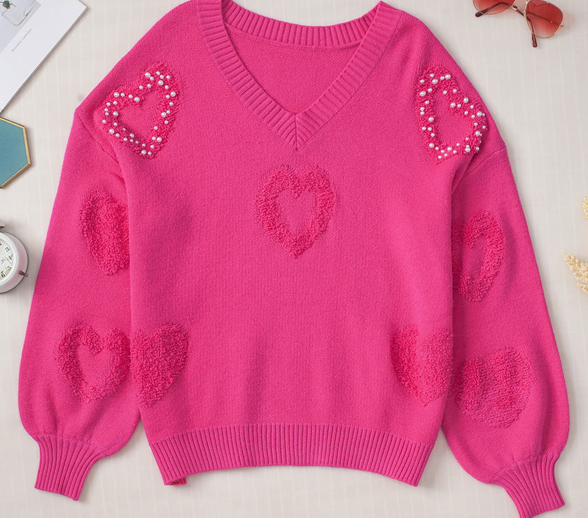 Pearl Trim Heart V-Neck Sweater