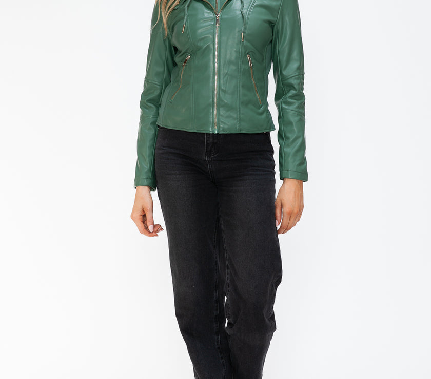 Snobbish Faux Leather Zip Up Drawstring Hooded Jacket