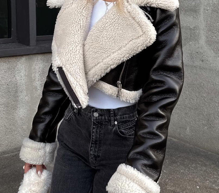 Collared Neck Long Sleeve Plush Cropped Jacket