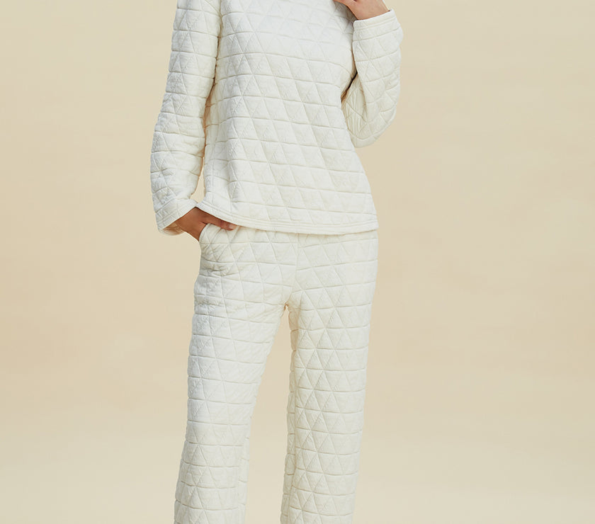 Double Take Full Size Texture Round Neck Long Sleeve Top and Pants Set