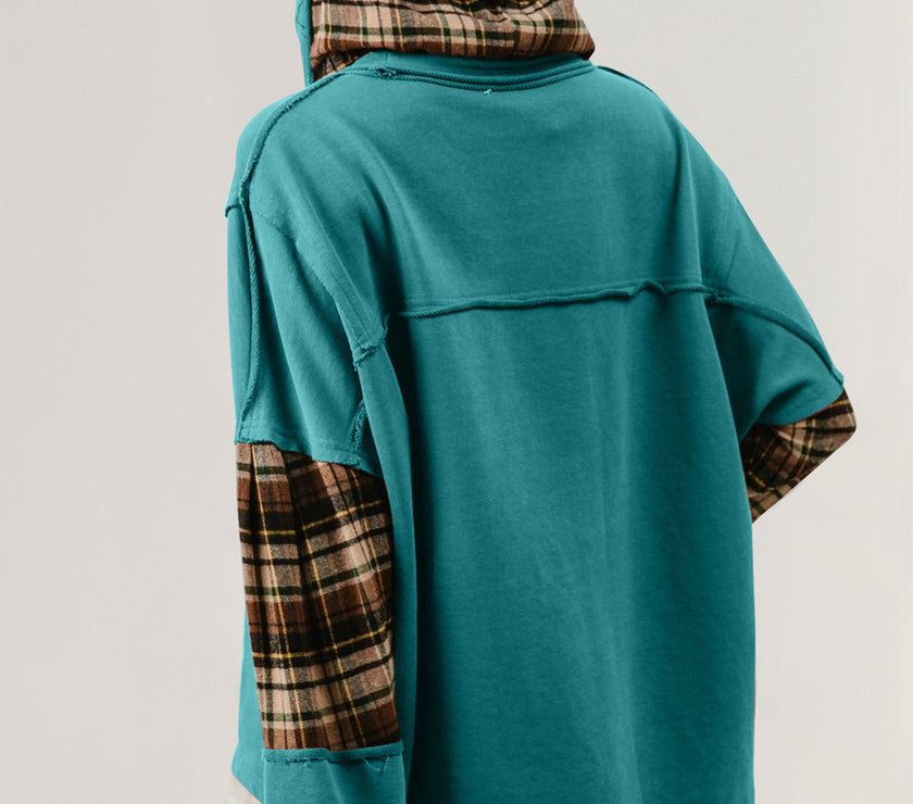 Double Take Drawstring Plaid Star Patch Long Sleeve Hoodie