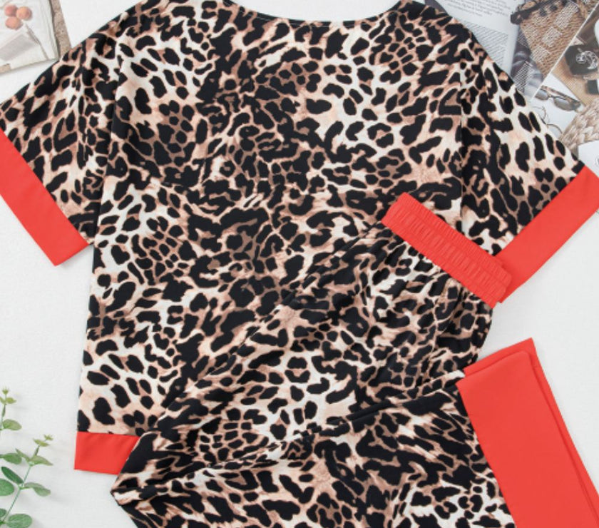 Contrast Trim Leopard Round Neck Top and Pants Lounge Set