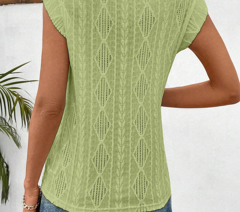Openwork Round Neck Cap Sleeve Top