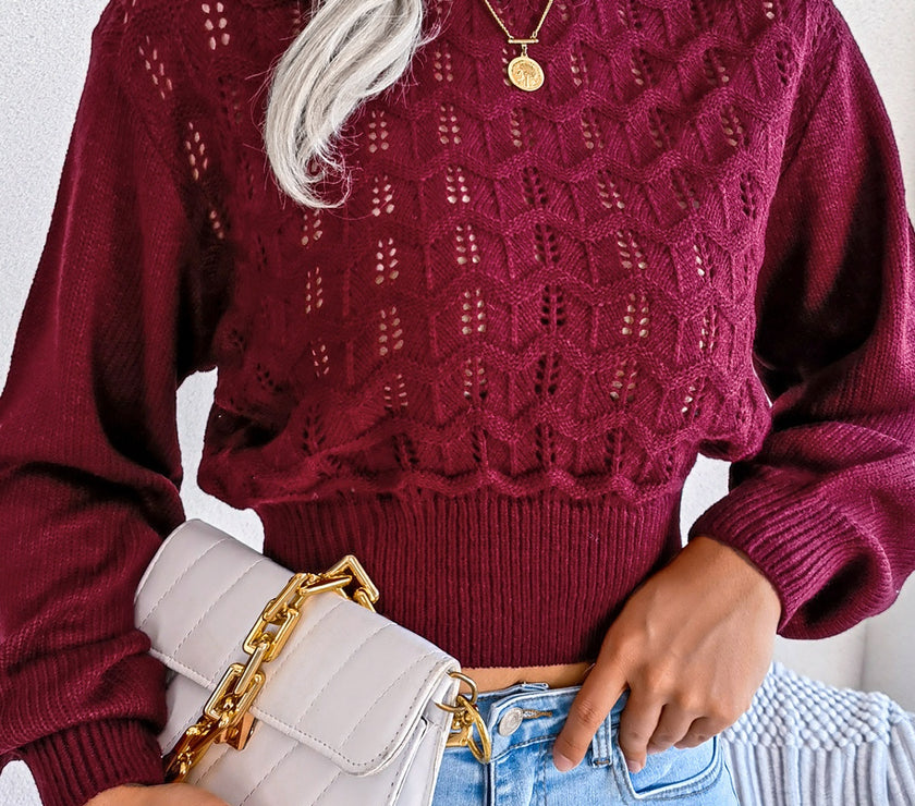 Openwork Mock Neck Long Sleeve Cropped Sweater