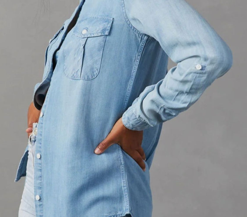 Collared Neck Roll-Tab Sleeve Denim Top