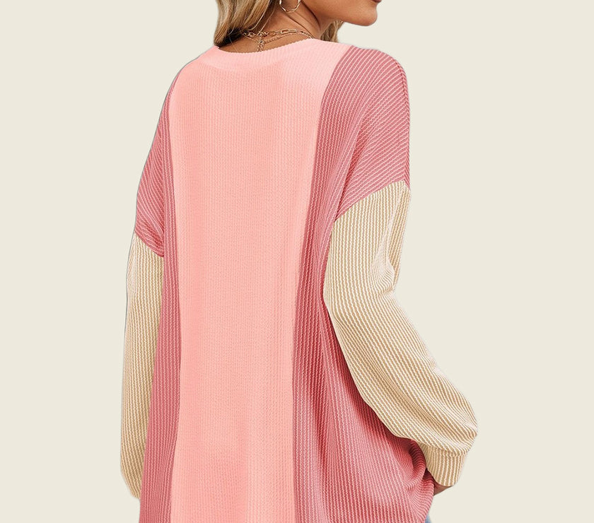 Double Take Texture Contrast Round Neck Long Sleeve T-Shirt