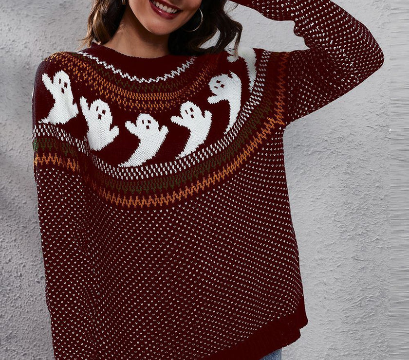 Ghost Pattern Round Neck Long Sleeve Sweater