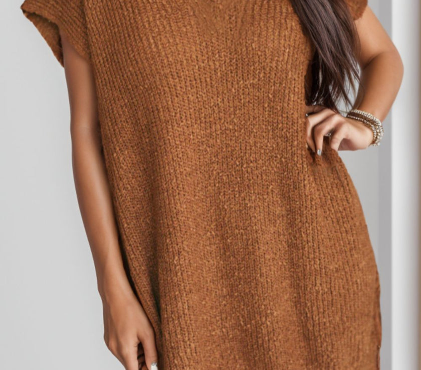 Notched Cap Sleeve Mini Sweater Dress