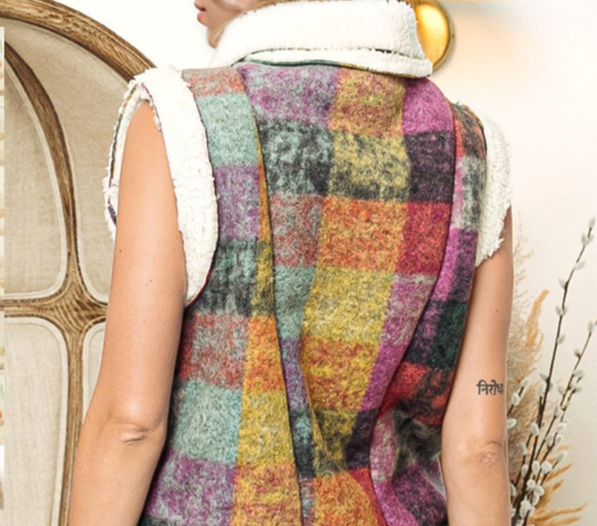 Double Take Full Size Snap Down Plaid Fleece Vest Coat with Pockets