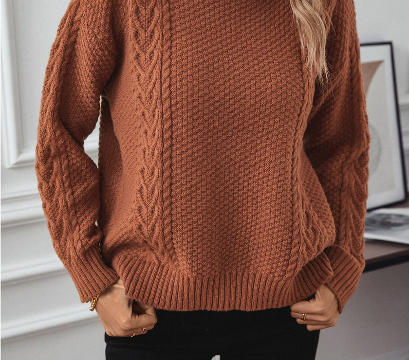 Cable-Knit Mock Neck Long Sleeve Sweater