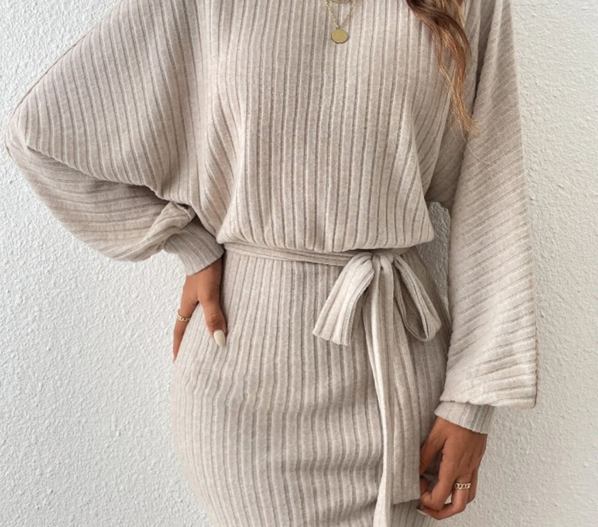 Round Neck Tie Waist Long Sleeve Mini Dress