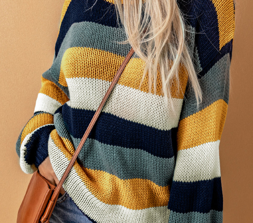 Color Block Round Neck Dropped Shoulder Sweater