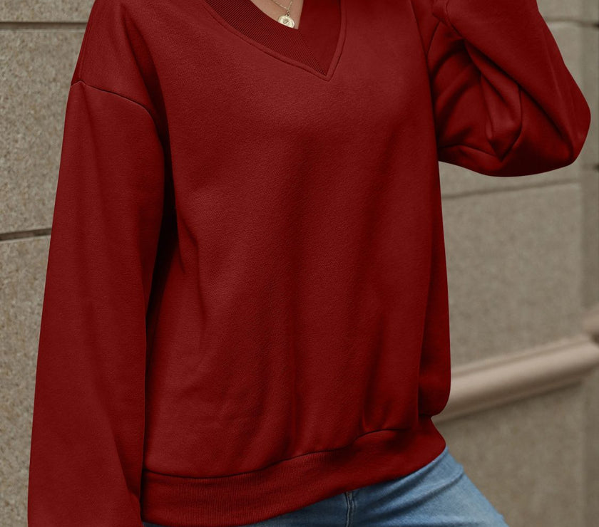 V-Neck Long Sleeve Dropped Shoulder Sweatshirt