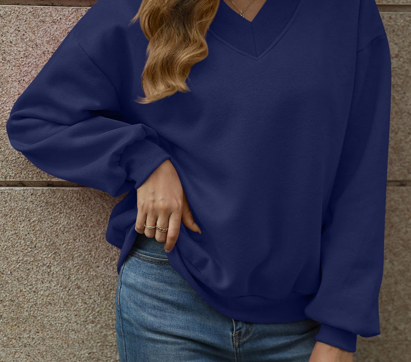 V-Neck Long Sleeve Dropped Shoulder Sweatshirt