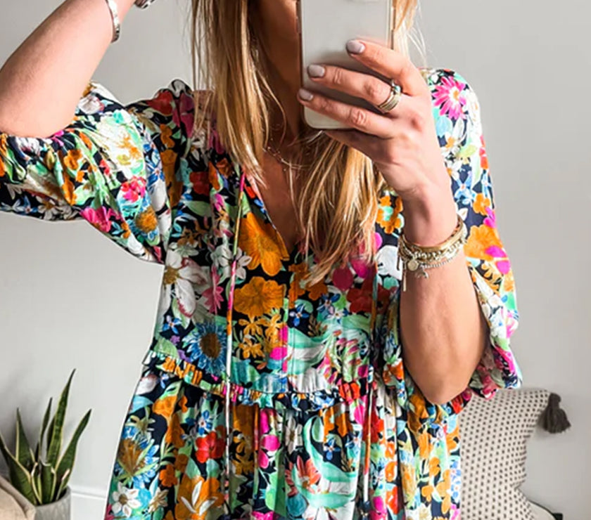 Floral Tie Neck Balloon Sleeve Blouse