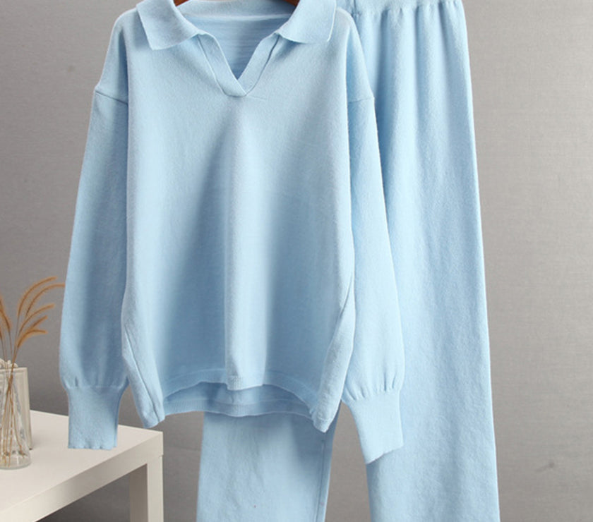 Johnny Collar Long Sleeve Top and Pants Sweater Set