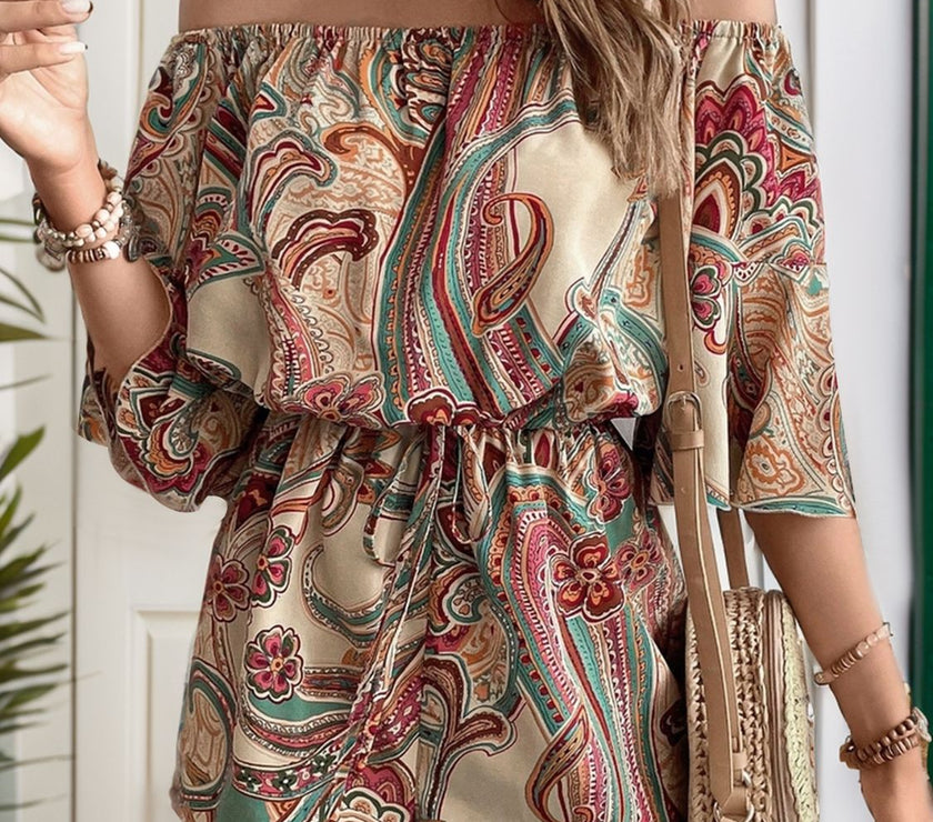 Perfee Printed Off Shoulder Half Sleeve Romper